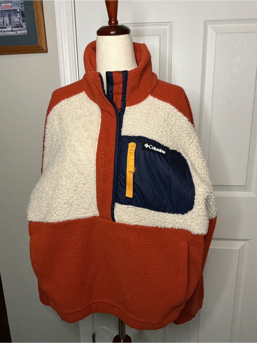 Columbia Orange Cream & Navy Half-Snap Up Sherpa Pullover with Yellow Zip Pocket